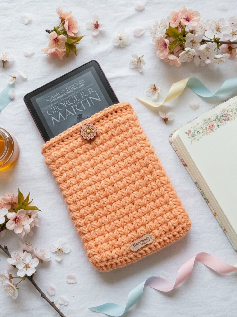 Kindle Paperwhite Sleeve — Peach Blossom Crochet E-Reader & Paperback Book Cover